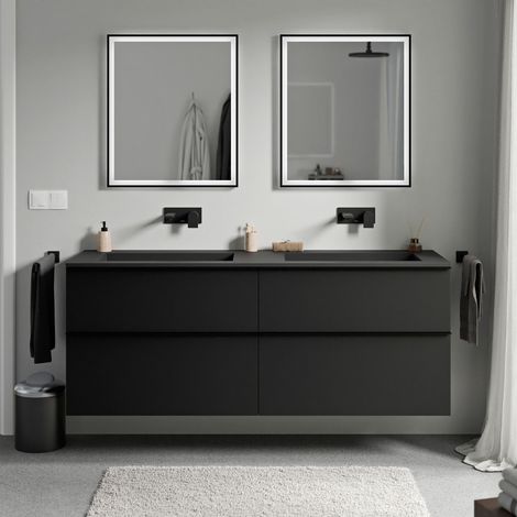 BERNSTEIN - Meuble vasque suspendu salle de bain MDF Noir mat, lavabo fonte minérale sans trou robinet & poignée métal Noir mat - 160x46x62cm - LAVOA Noir mat, Noir mat, Noir mat sans trou pour robine