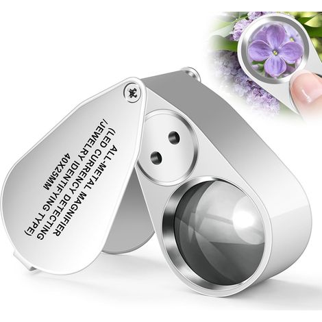 Lupa de joyero 40X, lupa metálica plegable de bolsillo con luz LED, lupa para trabajos de precisión, joyería, monedas y rocas. (1/4)
