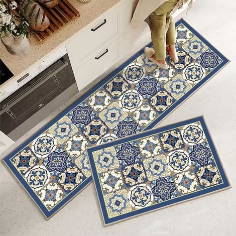 Zweiteiliges Spülbecken-Matten-Set – Matte mit blau-beigem Blumenmuster – Rutschfest, rechteckig, 40 x 60 cm (1/3)