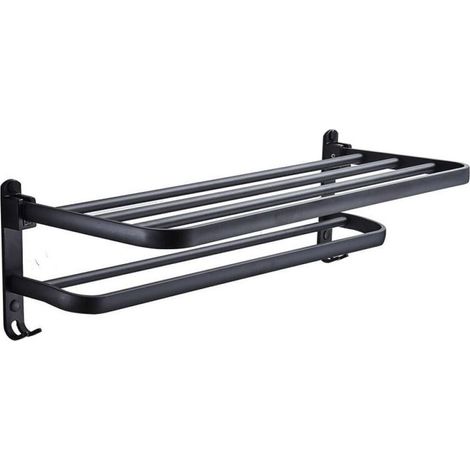 Bathroom Towel Rack Towel Shelf with Double Towel Bars Wall Mounted Washbasin Holder with Hooks Aluminum Hotel Bath Rack (Matte Black 50cm) (1/5)