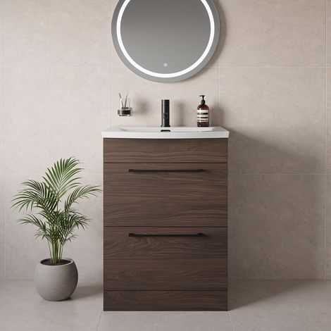 Napoli 390 Brown Oak 600mm 2 Drawer Vanity Unit with Arc Basin - 600mm - Matt Black 320mm Handle