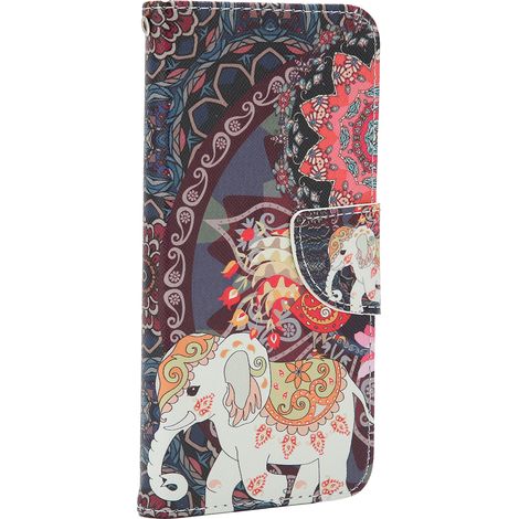 Étui portefeuille pour iPhone 12 Pro, en cuir PU, à rabat, avec emplacement pour cartes et support intégré. Motif : Fleur et Éléphant.