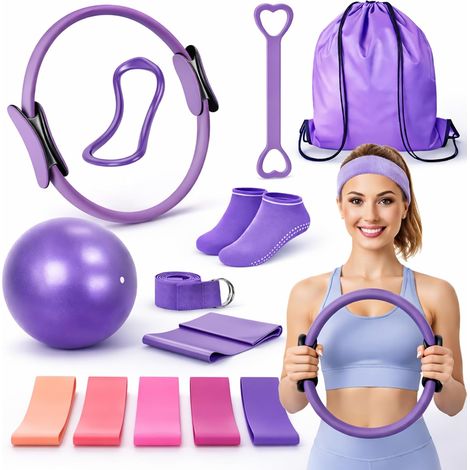Ensemble de 13 pièces d'équipement de pilates, ensemble d'anneaux de pilates avec bandes de résistance et sangle de yoga, kit de pilates à domicile pour femme, entraînement Pilates à domicile (1/5)