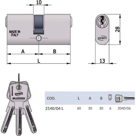 Cylindre à mortaise ovale en aluminium avec clé plate 2140 - 60 mm centré (30x30) (2140/04L)