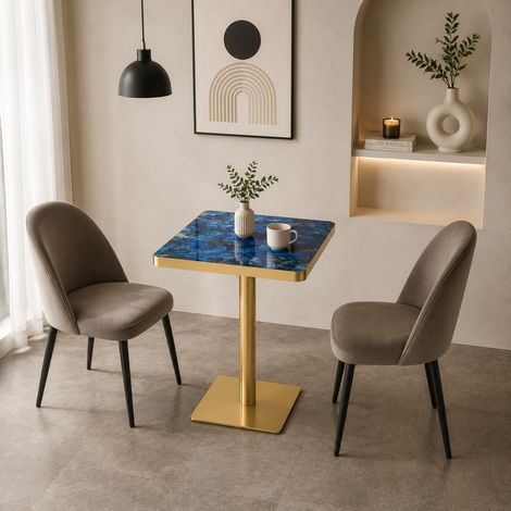 Quadratischer Esstisch 60x60 cm Marmoroptik mit blauem Metallgestell (1/5)