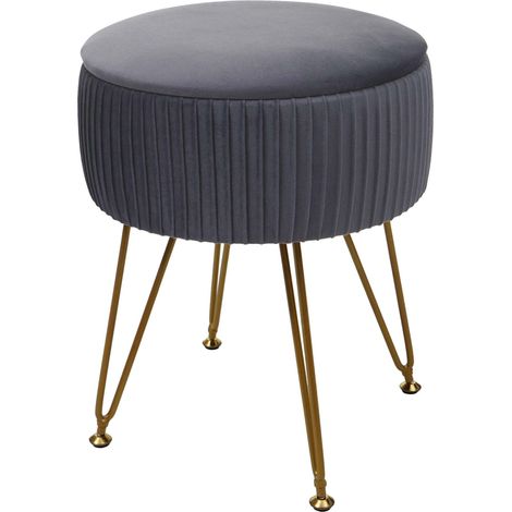 Sgabello poggiapiedi portaoggetti con scomparto HHG-405 metallo effetto velluto grigio gambe dorate