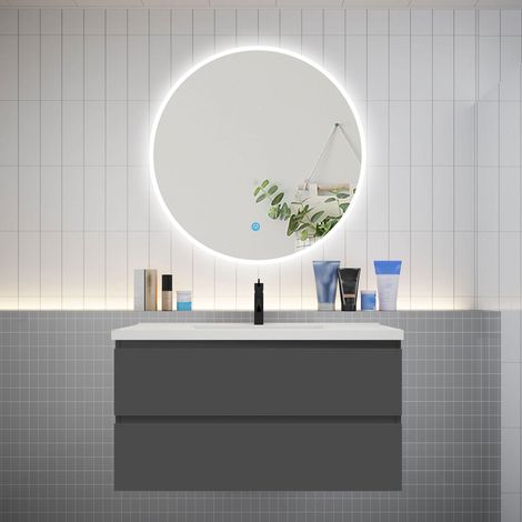 Ensemble meuble vasque L.99cm 2 tiroirs + lavabo + LED miroir rond 90cm,anthracite,easy (1/5)