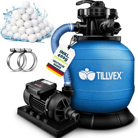 tillvex® Sandfilteranlage Pool mit Timer 7.900L/h inkl. 400g Filterbälle Filteranlage 7-Wege Ventil & 2in1 Adapter Ø32mm - 38mm Poolfilter mit Druckanzeige Sandfilter für Schwimmbecken Blau