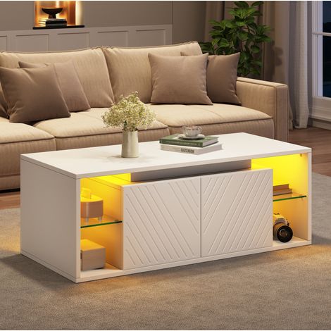 Table basse LED 100x50x41 cm avec rangements semi-ouverts et 2 portes pour salon, panneau de particules blanc (1/5)