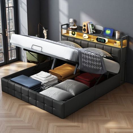 Beleuchtetes Bett 140x190 cm, USB, RGB LED, PU-Gewebe, Doppelbett, Erwachsenenbett, Schwarz