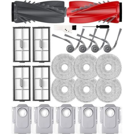 Lot de 23 accessoires pour robot aspirateur Roborock Saros 10R/Qrevo CurvX/Qrevo Curv 2 Pro. 2 brosses principales. 4 brosses latérales. 5 sacs à poussière. 4 filtres HEPA. 6 tampons de (1/5)