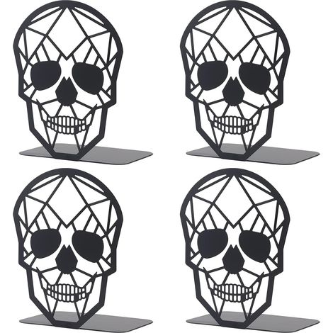 2 Pairs Black Skull Design Bookend Metal Book Ends, Heavy Duty Bookends for Shelves Desk, Skull Book Shelf Holder for Heavy Books, Decorative Desktop (1/4)