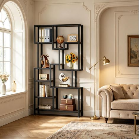 Libreria 100x30x180 cm in metallo e truciolare nero e marrone salvaspazio – MEUBLIV (1/5)