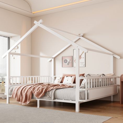 Letto per bambini in metallo a forma di casetta, 140 x 200 cm, con sponda di sicurezza, tetto decorativo e cornice decorativa, per bambini e bambine, bianco. (1/5)