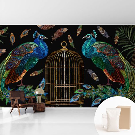 Papier peint intissé décoratif pour chambre et salon Design moderne à poser facilement - Colle incluse gratuite Image de paon 416x254 cm (1/5)