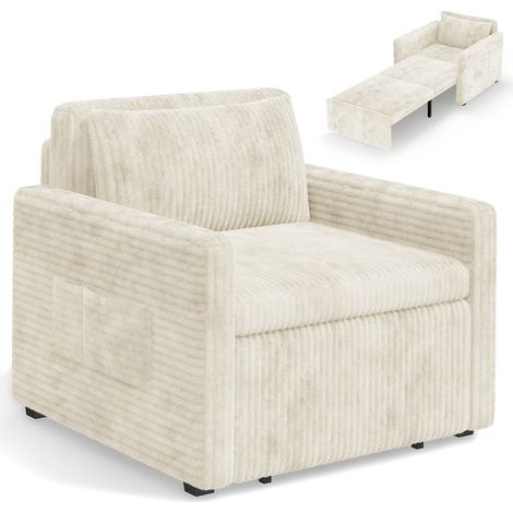 Sofá Cama Convertible Bealife 3 en 1 Sillón de Pana con Cojín y Bolsillos Laterales para Guardar Cosas para Sala de Estar Estudio o Dormitorio Beige (1/5)