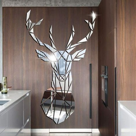 3D Mirror Deer Wall Stickers Arts Wall Decor for Home Office Study Living Room Sofa Background Wall Decals Home Decor Wall Sticker (Silver, 8651CM)
