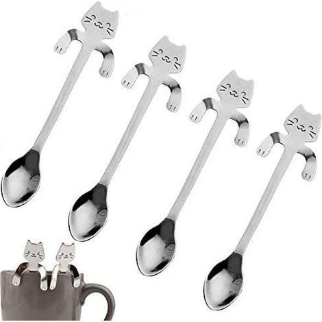 Cuillère À Café Chat - Acier Inoxydable 304 - Pour Café Thé Dessert - Suspension Sur Tasse - Lot De 4 (1/5)