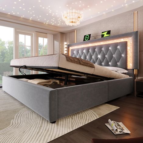 Lit double capitonné en velours 140x200 cm avec bande LED en forme de diamant dans la tête de lit, station de charge USB et Type-C, espace de rangement hydraulique, lit junior avec sommier à lattes (1/5)