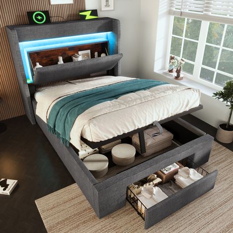 Cama tapizada 90/200 cm gris de lino con almacenaje hidráulico, LED y USB/USB-C (1/5)