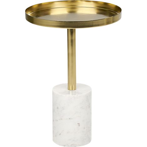 Mesa auxiliar redonda de estilo moderno con tapa de metal y base de piedra en color dorado y blanco Camelo