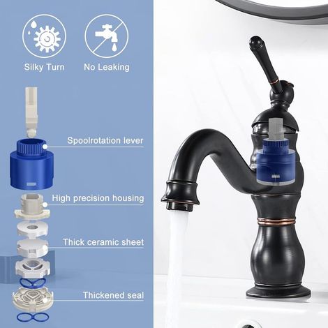 Mitigeur lavabo rétro noir pivotant 360 degrés – Monotrou en laiton – Eau chaude et froide réglable 3 8 pouce – Installation standard – Couleur noire (1/5)