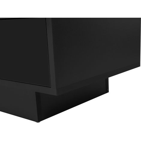 Meuble TV laqué noir brillant 160x38x50,5 cm, 3 tablettes en verre, éclairage LED pilotable par appli, Bluetooth, support écran jusqu'à 70 pouces, meuble de salon connecté et design (1/5)