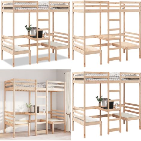 vidaXL Hochbett mit Schreibtisch & Stühlen 90x200 cm Massivholz Kiefer