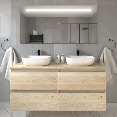 Meuble de salle de bain avec vasques à bords arrondies - bambou (chêne clair) - BALEA et miroir Led STAM - 120cm (1/5)