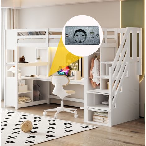 DESVIAE Lit mezzanine enfant avec bureau armoire escalier de rangement étagères prise européenne LED 90 x 200 cm blanc bois blanc (1/5)