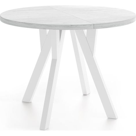 Runder Ausziehbarer Esstisch im Loft-Stil – Platzsparender Tisch für Esszimmer – mit Weißen Holzbeinen – Kiefer Weiß – 80 bis 160 cm