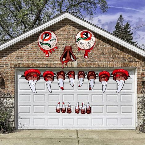 1 ensemble de décoration extérieure de visage de monstre d'Halloween, grands yeux et crocs, décoration de porte de garage d'Halloween, décorations de fête d'Halloween. (1/5)
