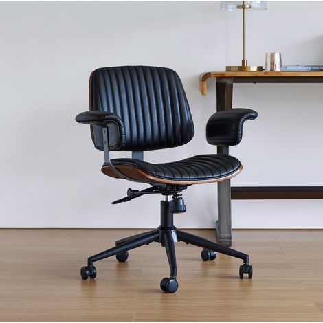 Silla de oficina ergonómica de cuero auténtico con ruedas, giratoria 360°, reposabrazos acolchados y base de metal negro, elegante para despacho moderno - CHICFURN (1/5)