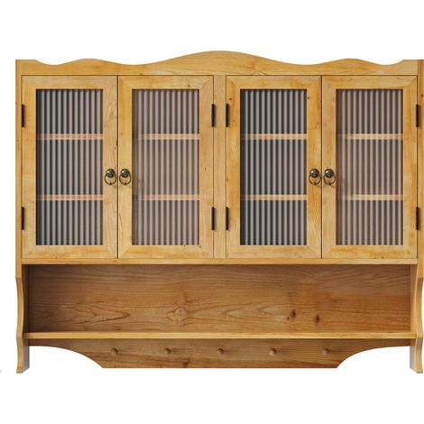 Mobiletto pensile retrò a 4 ante in legno e vetro 100 x 20 x 80 cm, naturale (1/5)