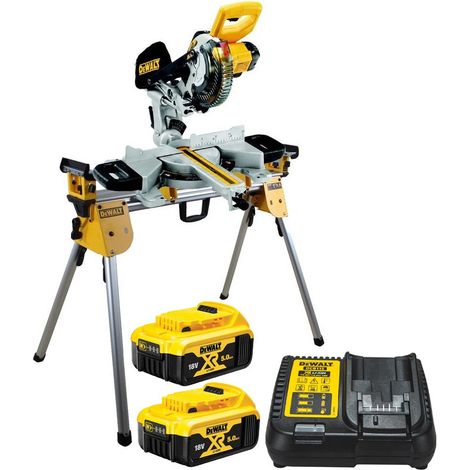 Dewalt DCS365P2 18v Cordless XPS 184mm Mitre Saw, 2 x 5.0ah + DE7033 Leg Stand (1/3)
