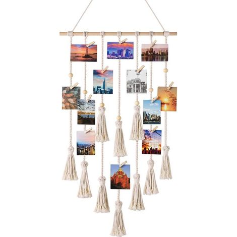 Présentoir Photo Mural - Macramé Coton - Décoration Intérieure Chambre Bureau Salon - 43 x 107 cm - 30 Pinces Bois (1/3)