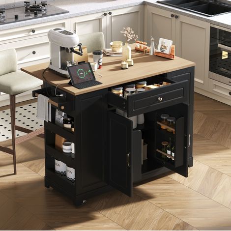 Mesa cocina móvil extensible con enchufe negra OKMYHOME (1/5)