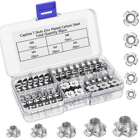 Lntyq 90pcs acier au carbone M3 / M4 / M5 / M6 / M8 quatre broches T-écrous, inserts aveugles écrou pour meubles en bois (1/5)