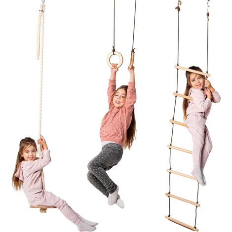Kinder Spielset – Indoor Klettergerüst und Outdoor Jungle Gym für Jungen und Mädchen – Kletterleiter und Gymnastikringe, ab 2-12 Jahre