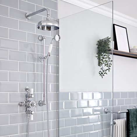 Hudson Reed Elizabeth - Kit de douche rétro - Mitigeur thermostatique exposé à double fonctions&44 Pommeau pluie rond de 20 cm et Kit douchette sur rampe - Chromé et Blanc (1/5)