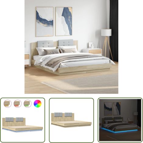 The Living Store Bettgestell mit Kopfteil & LED-Leuchten Sonoma-Eiche 160x200 cm - Bettstellengestell - Holzbettfassungen - Doppelbett - Eiche Möbel - Beleuchtung Im Schlafzimmer (1/5)