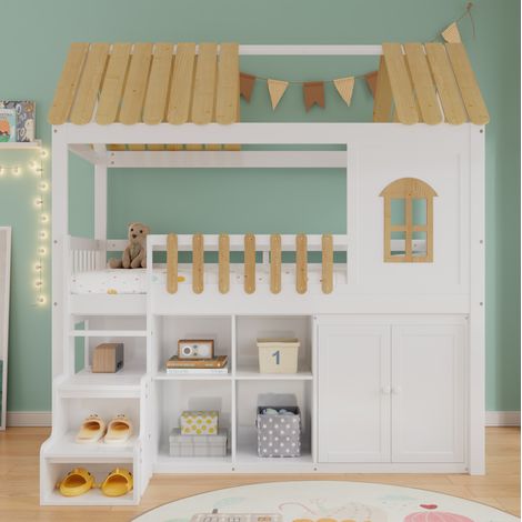 Hochbett 90 x 200 cm mit Kleiderschrank, Treppe und Stauraum, Kiefer und MDF, weiß/natur OKMYHOME (1/5)