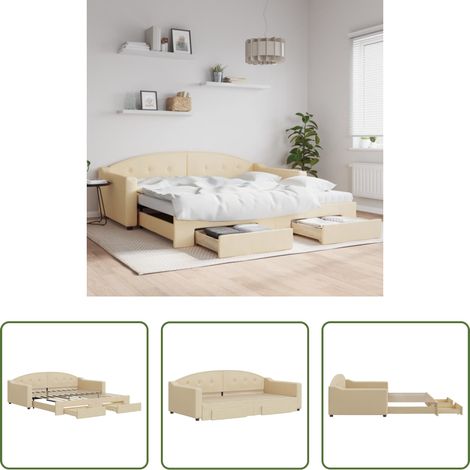vidaXL Lit gigogne - Lit de jour avec gigogne et tiroirs crème 100x200 cm tissu (1/5)