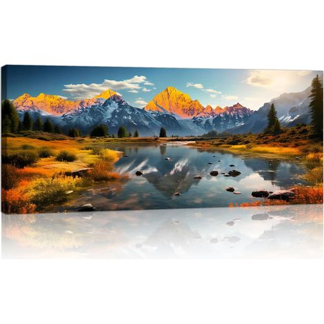 Cadre en Bois Grande Impression sur Toile Orange Nature Paysage d'automne Image sur Toile Neige Montagne Coucher de Soleil Peintures sur Toile Moderne Mural Tableau Decor Murale Salon Chambre 50x120cm (1/5)