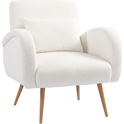 Poltrona imbottita in pile con cuscino lombare e gambe metalliche bianco crema (1/5)
