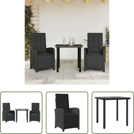 vidaXL Chaise de jardin inclinable - Ensemble de bistro 3 pcs avec coussins noir résine tressée (1/5)