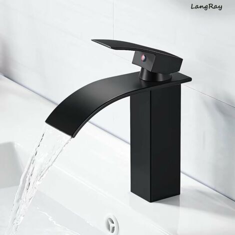 QORVA-(Noir, acier inoxydable) Robinet d'évier cascade, robinet de salle de bain monotrou à poser, cartouche céramique, robinet de lavabo au design élégant, mitigeur cascade noir, robinet de cuisine m (1/3)