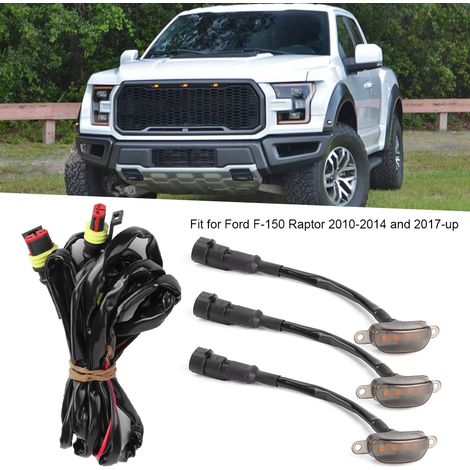 Passend für Ford F-150 Raptor 2010-2014 und 2017 und neuere Kühlergrillleuchten (3 Stück) + Anschlusskabelbaum (schwarze Box, gelbe Leuchte). (1/5)