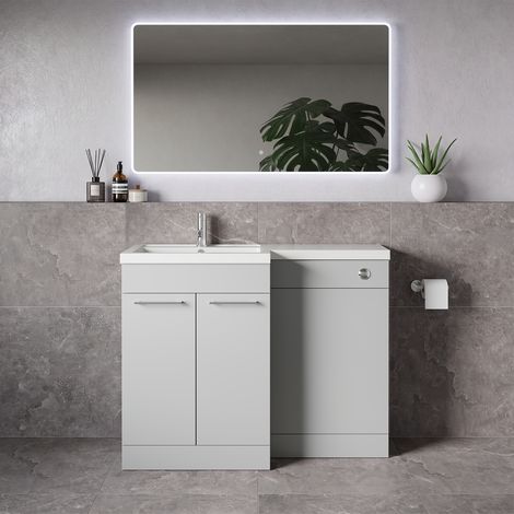 Napoli 390 Gloss Grey Pearl 1100mm 2 Door Vanity Unit Toilet Suite with Square Left Hand Lucia Basin - 1100mm - Chrome 160mm HandleWithout Kingston Toilet Pan