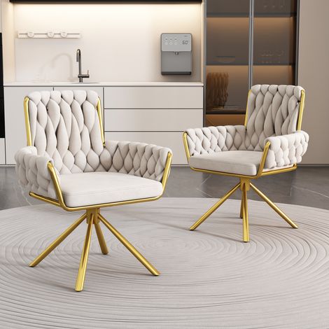 Sedia da pranzo, poltrona, sedia girevole a 360°, sedia da ufficio, gambe in metallo, velluto, beige - 2 pezzi